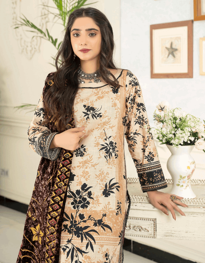 Cherry Cross Slub Khadder 3PC Digital Printed Suit with Velvet Shawl