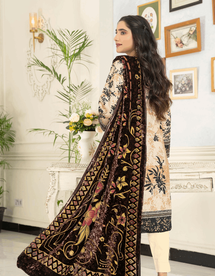 Cherry Cross Slub Khadder 3PC Digital Printed Suit with Velvet Shawl