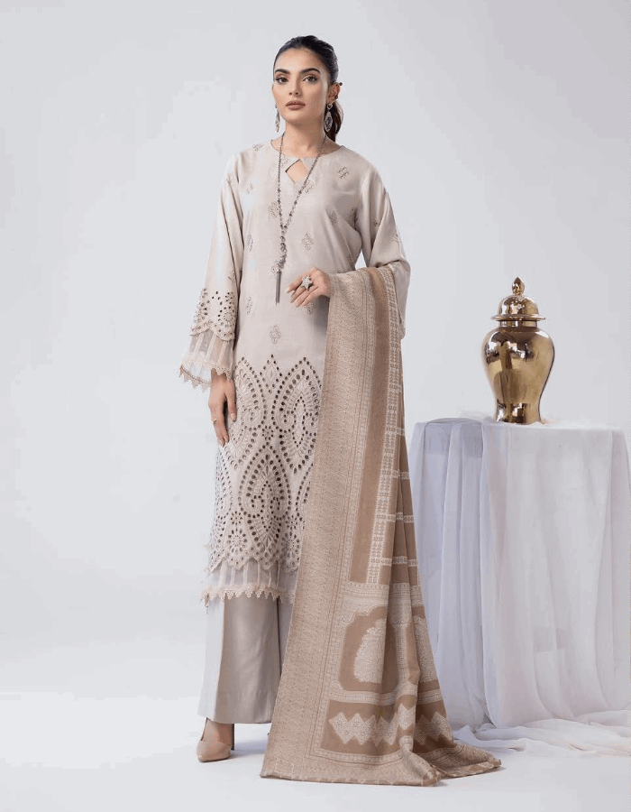 Mehrunisa Embroidered Peach Leather Collection with Swati Shawl