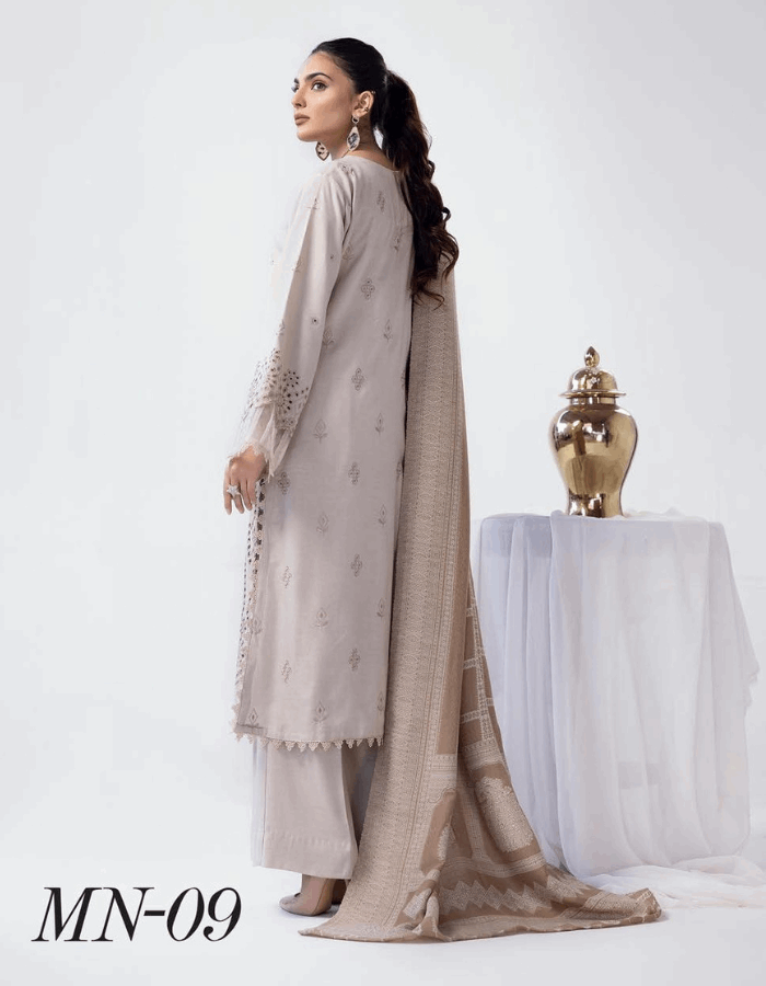 Mehrunisa Embroidered Peach Leather Collection with Swati Shawl