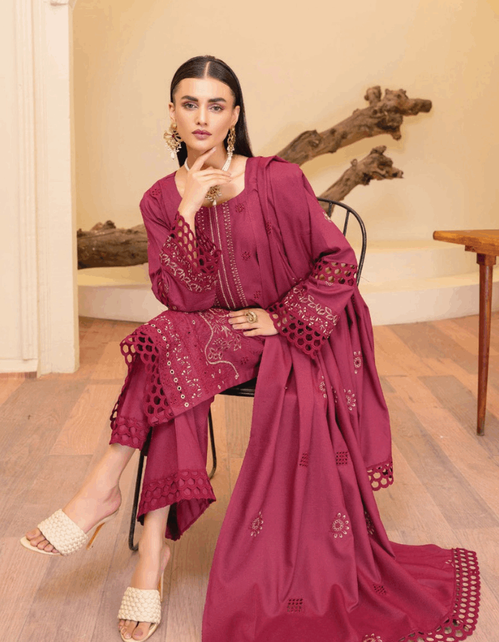 Nova By Anora Peach Karandi 3PC Embroidered Suit