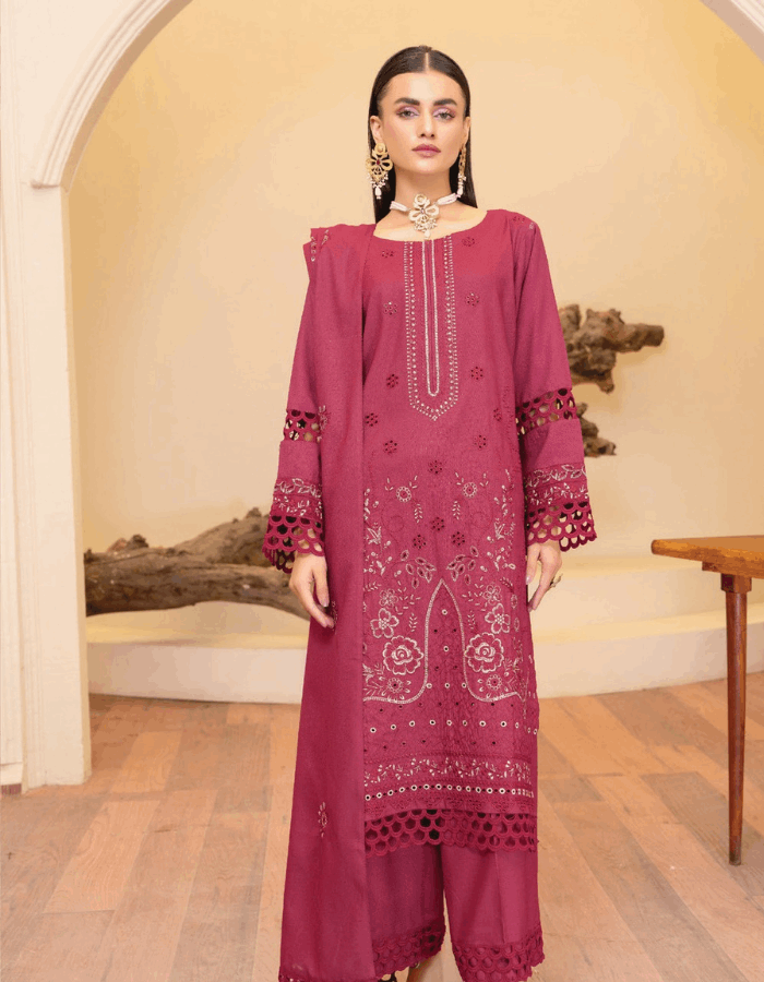 Nova By Anora Peach Karandi 3PC Embroidered Suit