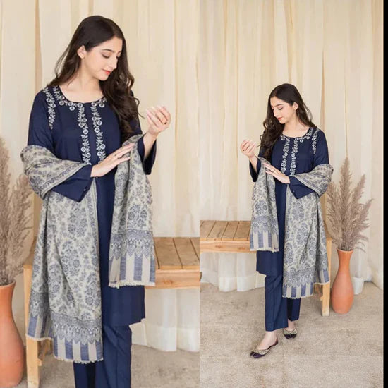 Dhanak 3PC Embroidered with Digital Printed Wool Shawl-629