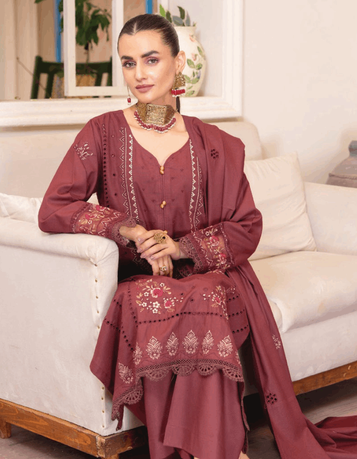 Nova By Anora Peach Karandi 3PC Embroidered Suit