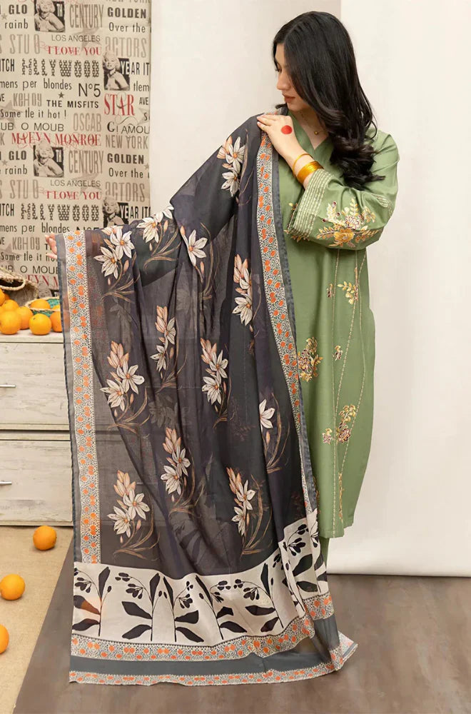 Winter 3PC Dhannak Embroidered Suit with Printed Shawl D-080