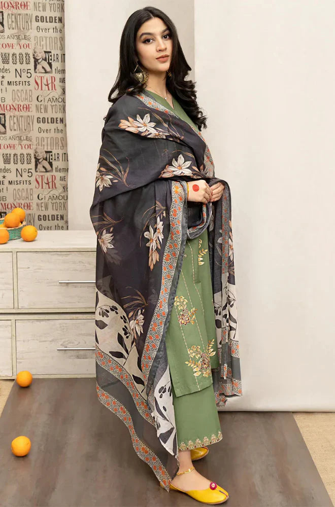 Winter 3PC Dhannak Embroidered Suit with Printed Shawl D-080