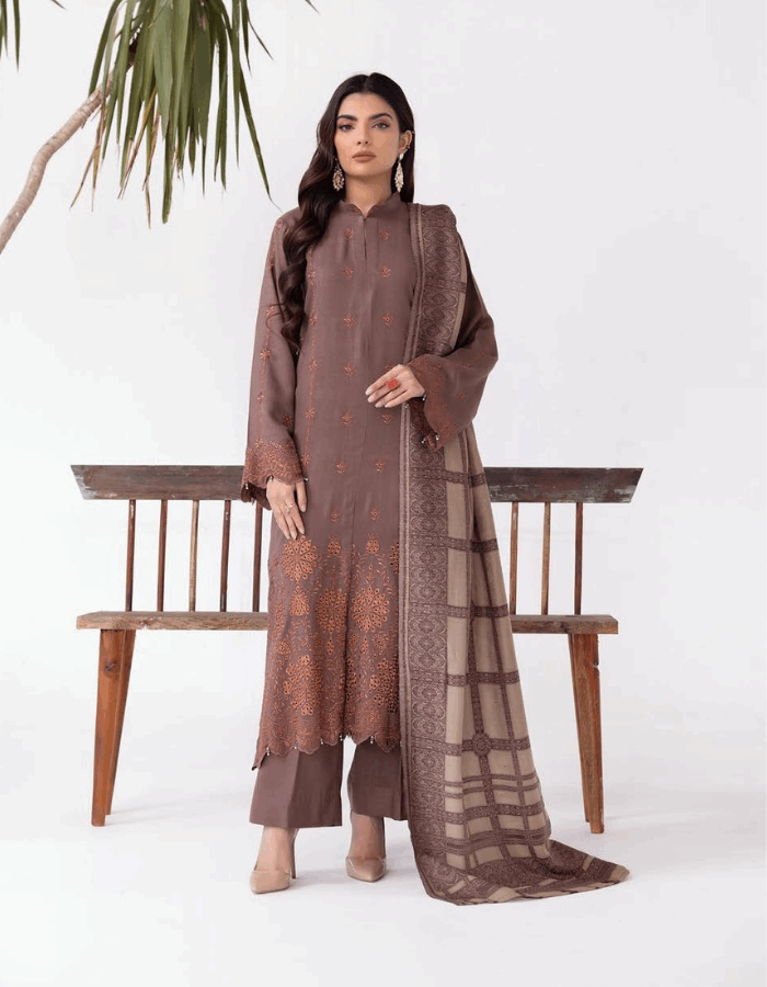 Mehrunisa Embroidered Peach Leather Collection with Swati Shawl