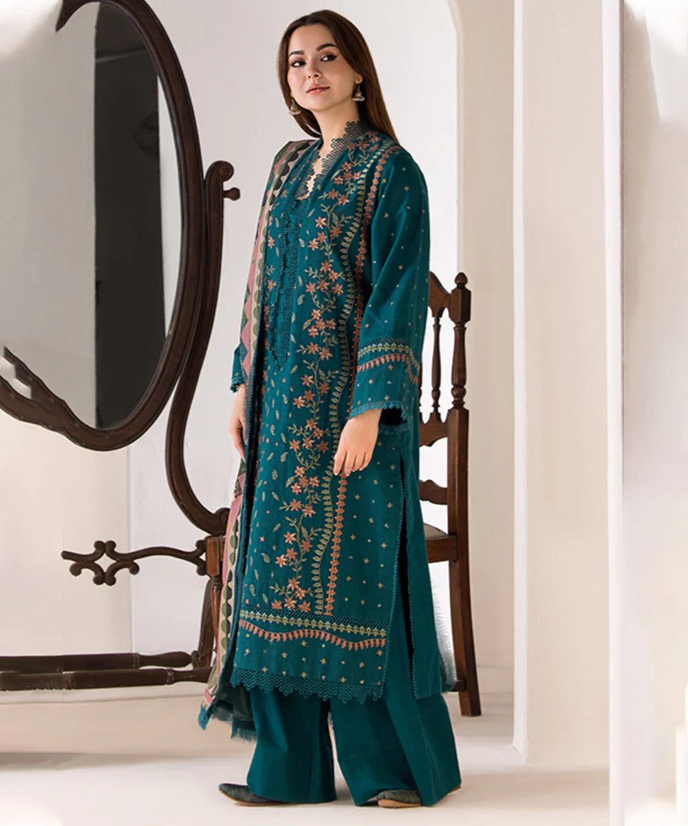 3PC Dhannak Embroidered Shirt With Twill Printed Shawl And Trouser-685