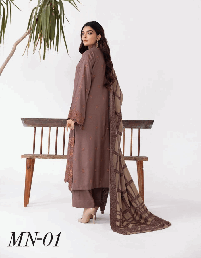 Mehrunisa Embroidered Peach Leather Collection with Swati Shawl