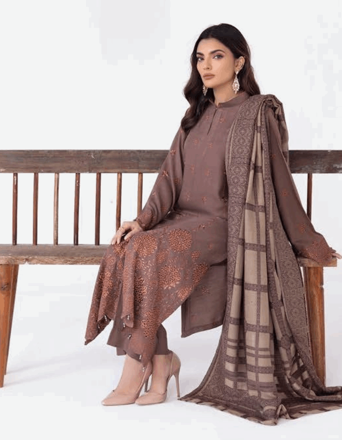 Mehrunisa Embroidered Peach Leather Collection with Swati Shawl