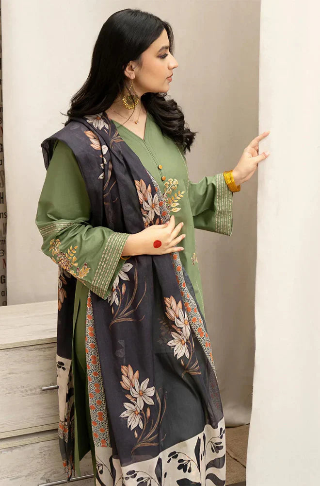 Winter 3PC Dhannak Embroidered Suit with Printed Shawl D-080