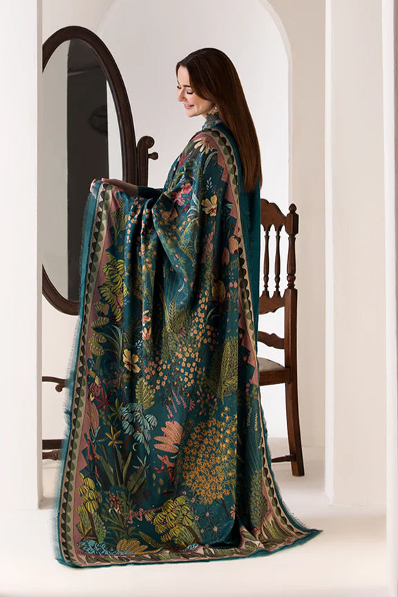 3PC Dhannak Embroidered Shirt With Twill Printed Shawl And Trouser-685