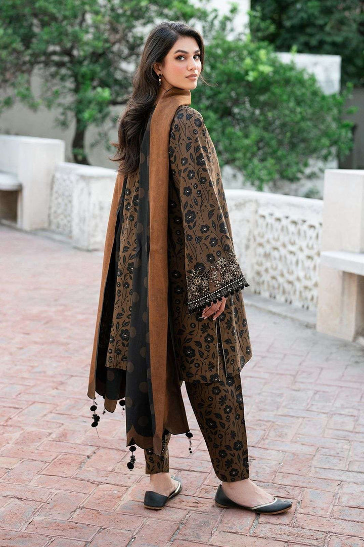 BAROQUE - 3PC Lawn Printed With Silk Dupatta - Brown