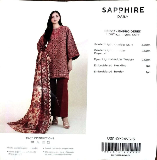 Sapphire 3Pc Embroidered khaddar Suit - U3PDY24V65