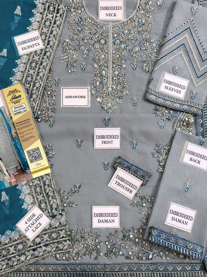 Heer’s Design 121 – Premium Organza & Malai Embroidered Ensemble - RUBAB CLOSET