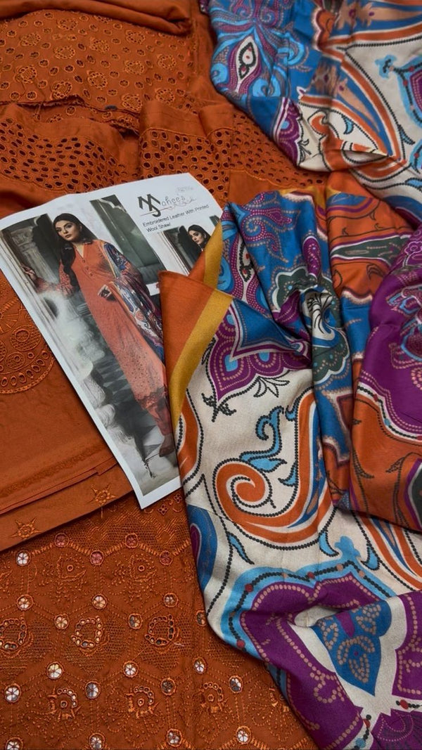 Mahee's By Riaz Arts - Embroidered Peach Leather