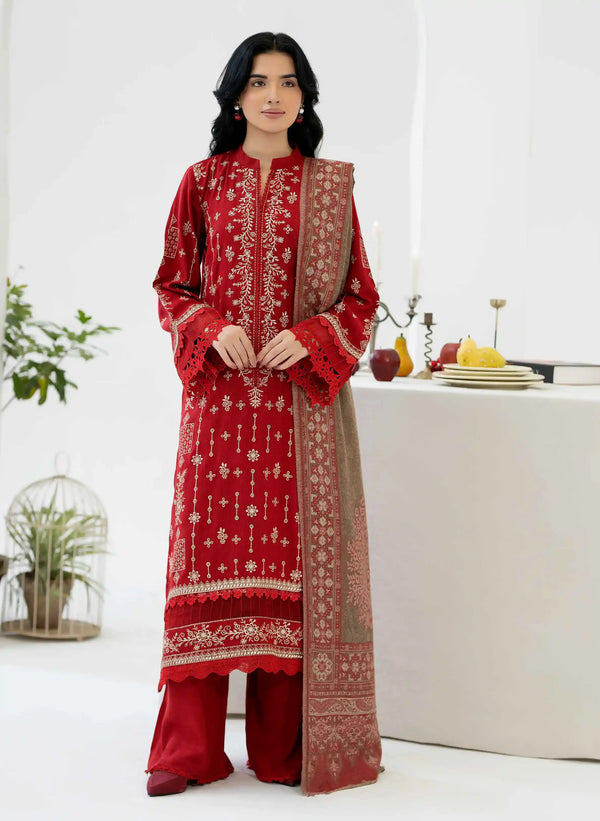 Johra Zeina Embroidered Peach Leather With Pure Jacquard Wool Shawl - JW-365
