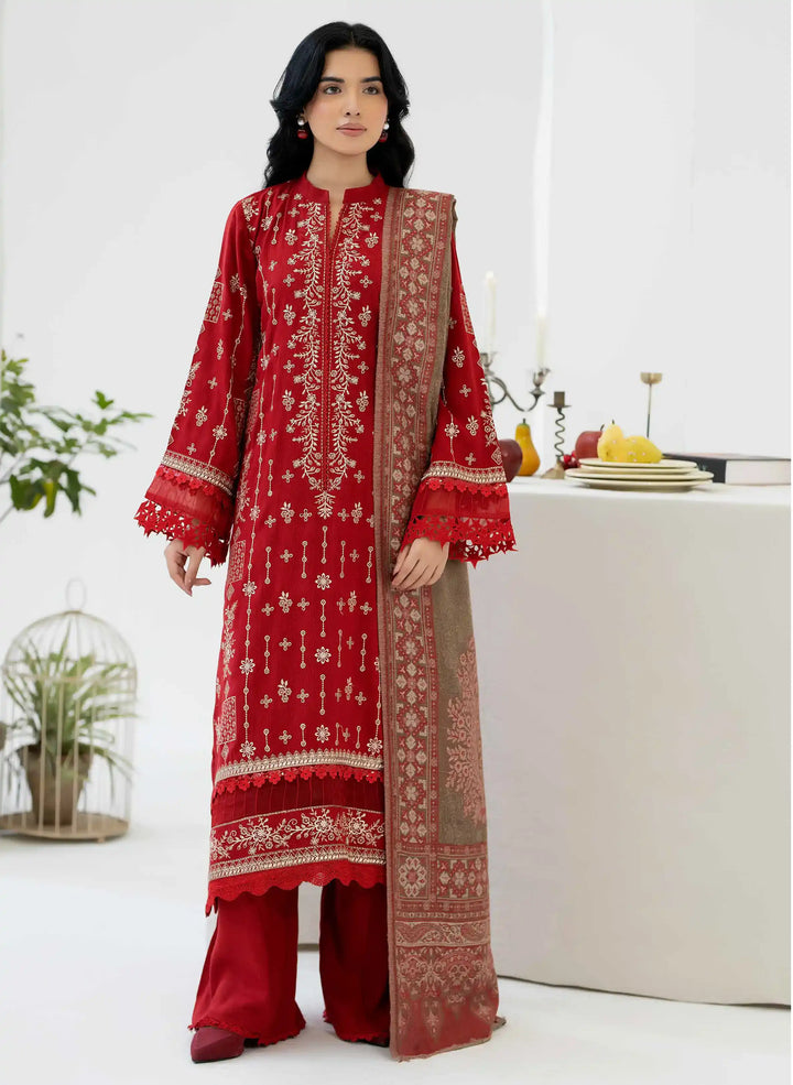 Johra Zeina Embroidered Peach Leather With Pure Jacquard Wool Shawl - JW-365