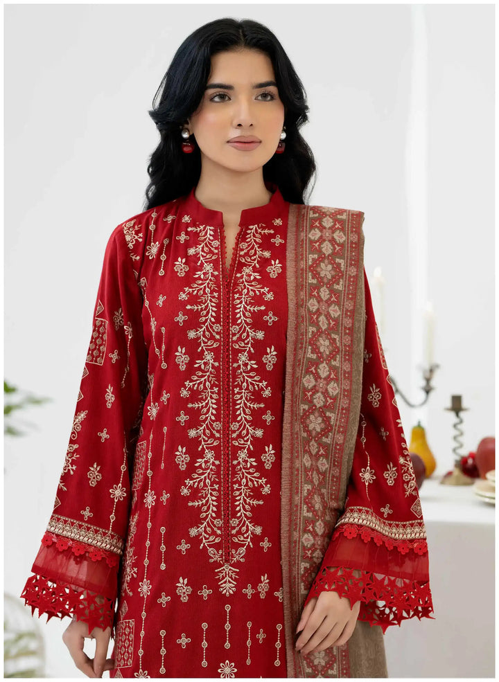Johra Zeina Embroidered Peach Leather With Pure Jacquard Wool Shawl - JW-365