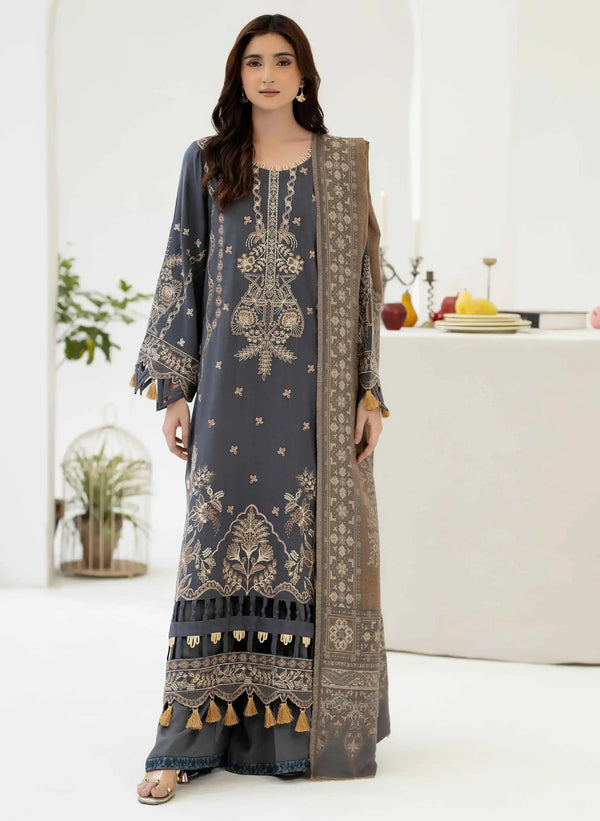 Johra Zeina Embroidered Peach Leather With Pure Jacquard Wool Shawl - JW-366