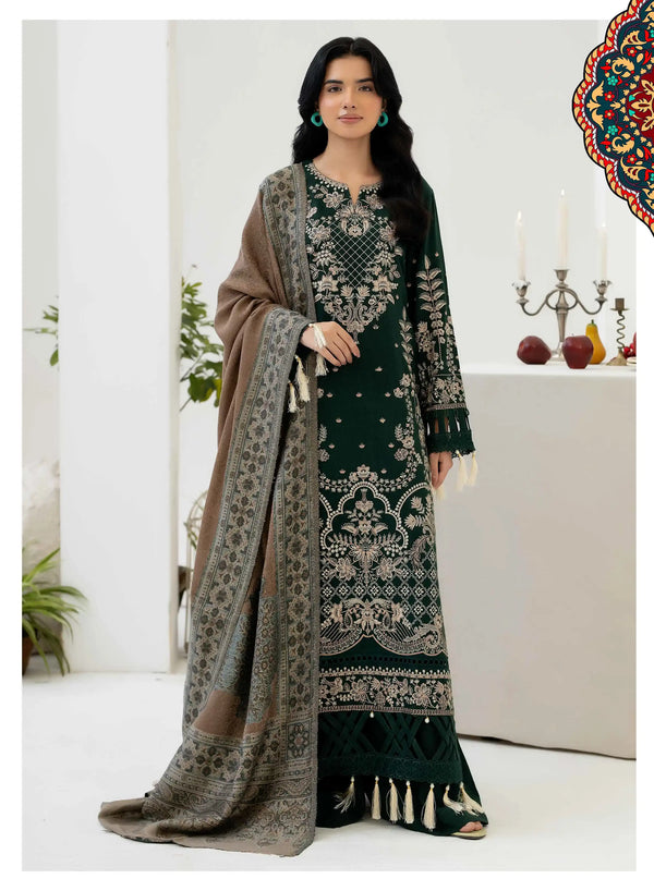Johra Zeina Embroidered Peach Leather With Pure Jacquard Wool Shawl - JW-367