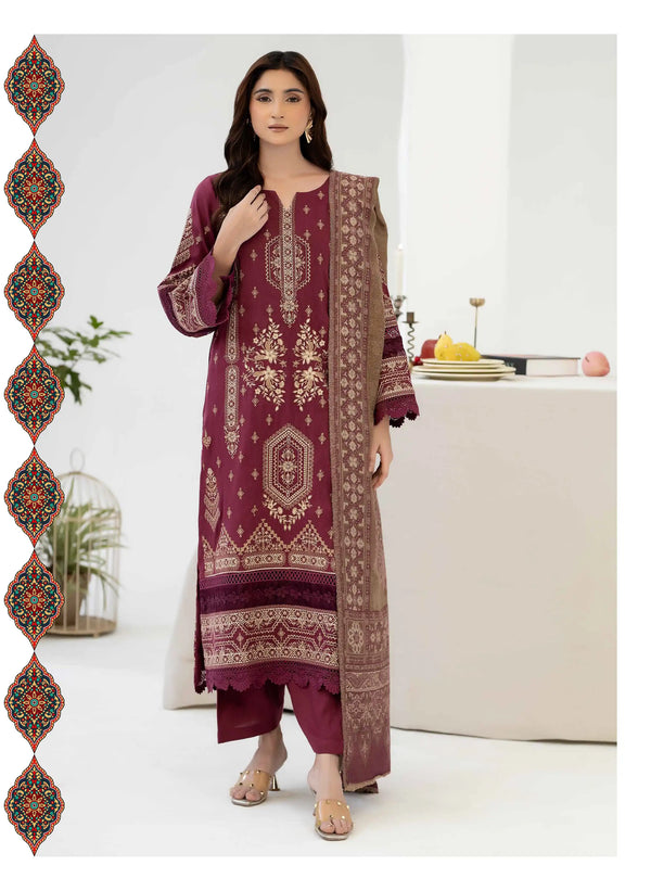 Johra Zeina Embroidered Peach Leather With Pure Jacquard Wool Shawl - JW-368