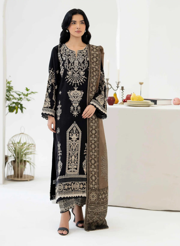 Johra Zeina Embroidered Peach Leather With Pure Jacquard Wool Shawl - JW-370