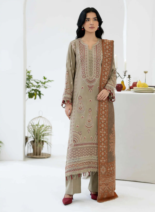 Johra Zeina Embroidered Peach Leather With Pure Jacquard Wool Shawl - JW-372