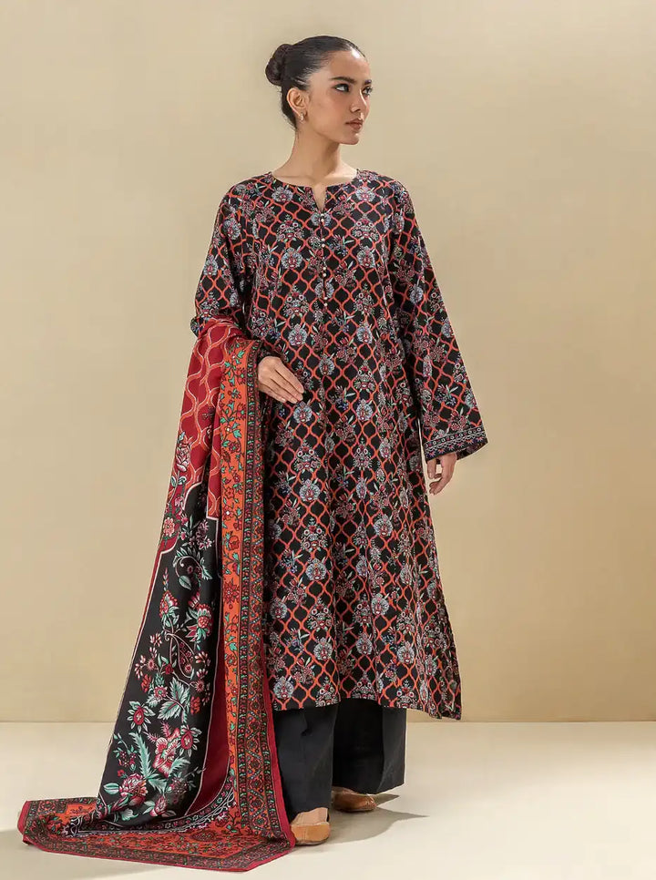 BEECHTREE 2 PIECE - PRINTED KHADDAR SUIT WITH HERRINGBONE SHAWL