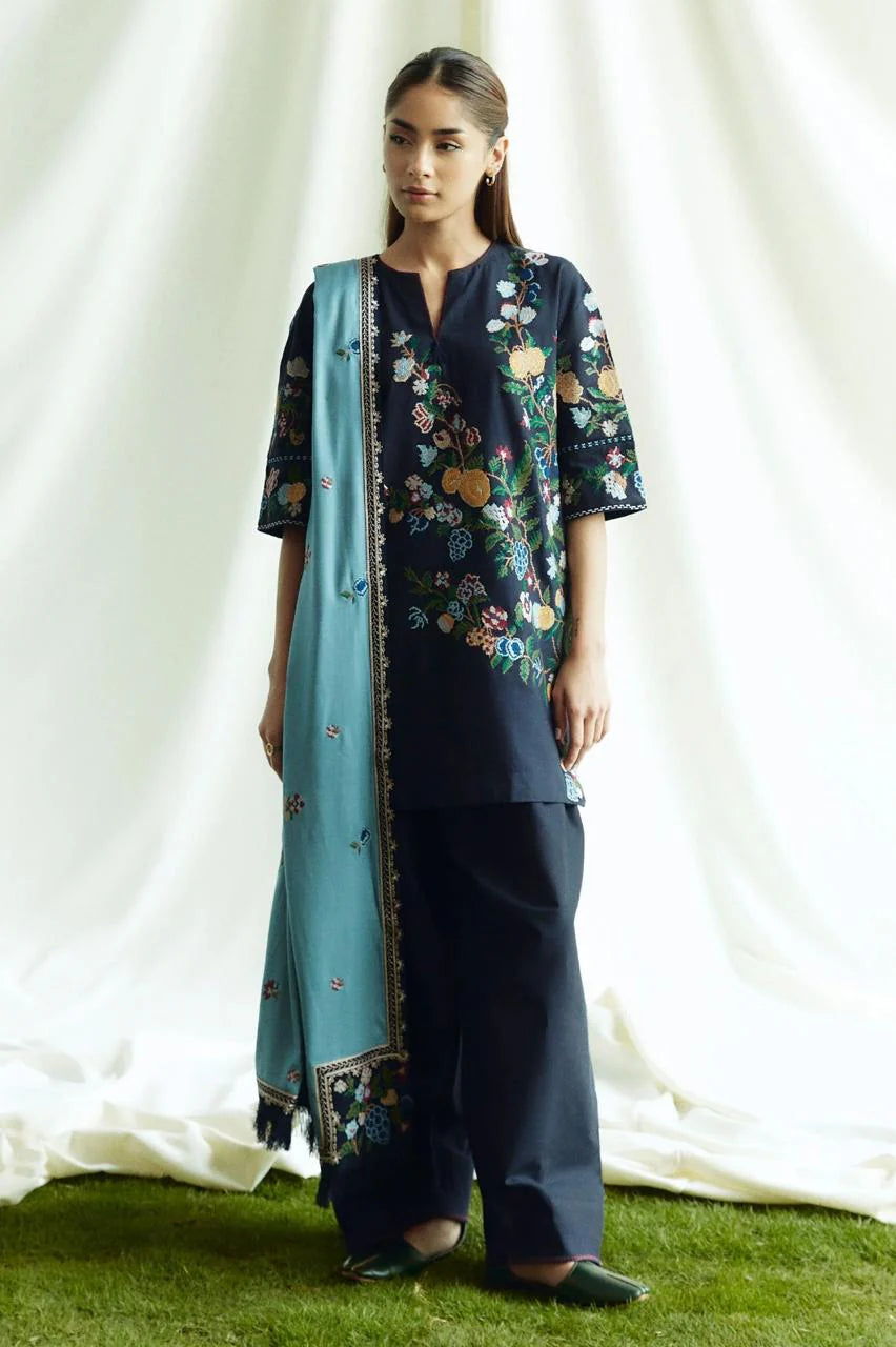 3PC Dhanak Embroidered Shirt With Digital Printed Shawl-281