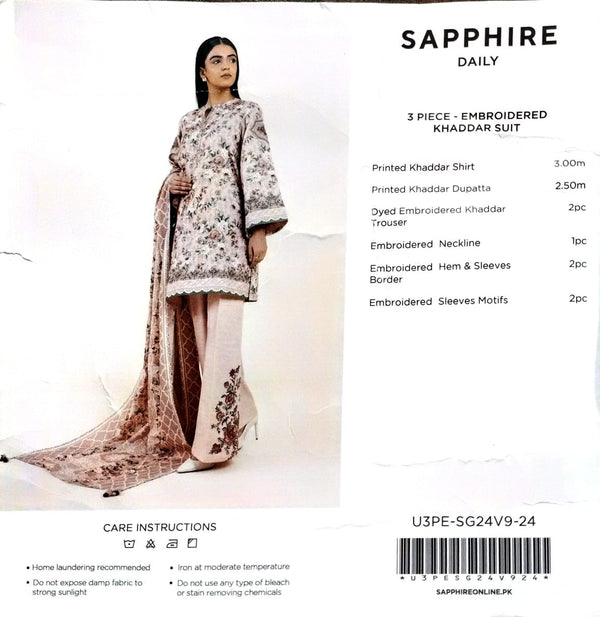 Sapphire 3Pc Embroidered khaddar Suit - U3PESG24V924