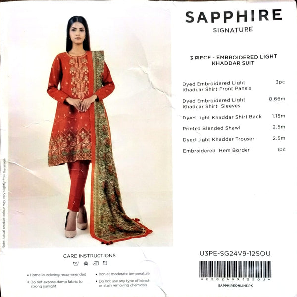 Sapphire 3Pc Embroidered khaddar Suit - U3PESG24V912SOU