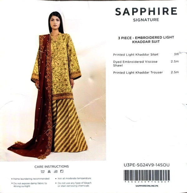 Sapphire 3Pc Embroidered khaddar Suit - U3PESG24V914SOU