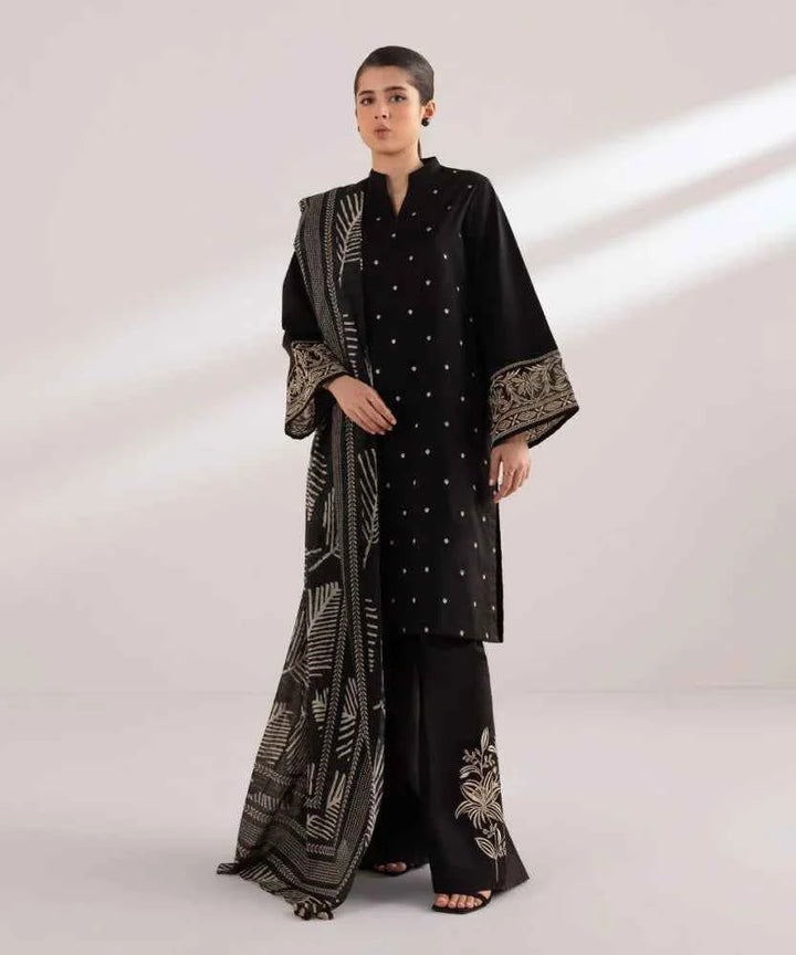 Dhanak-3PC Embroidered Shirt with Digital printed wool shawl - 3121