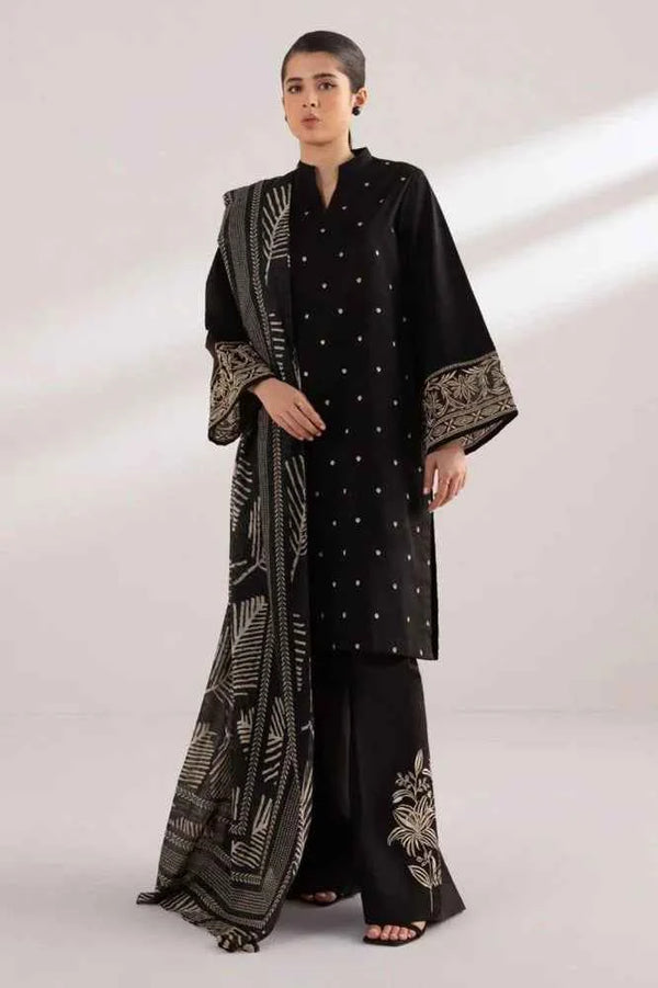 Dhanak-3PC Embroidered Shirt with Digital printed wool shawl - 3121