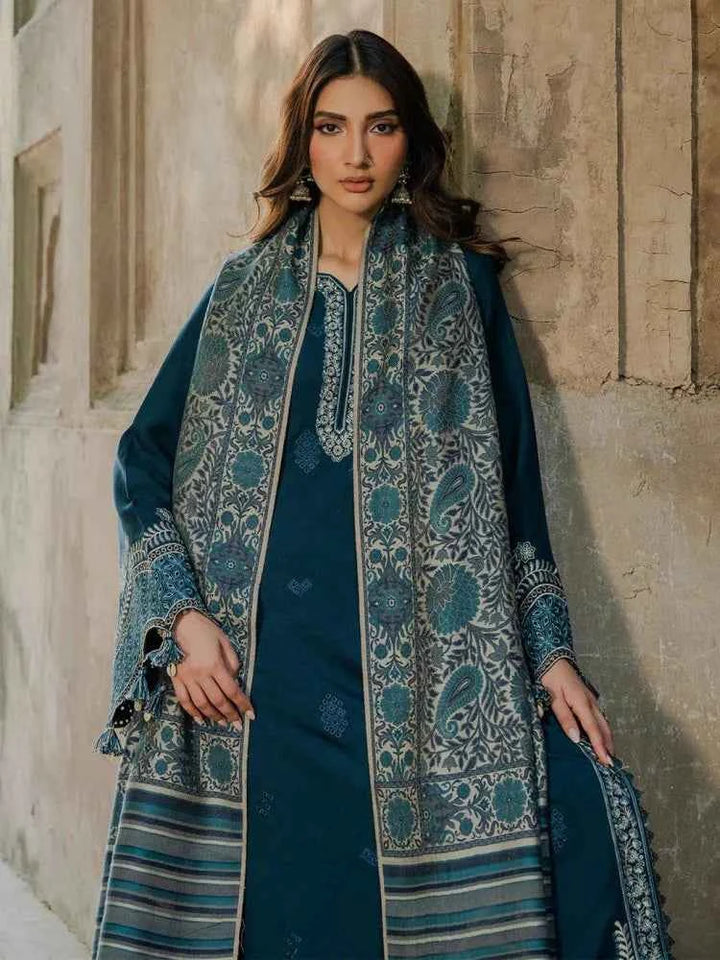 Dhanak-3PC Embroidered Shirt with Digital Printed Wool Shawl - 3544
