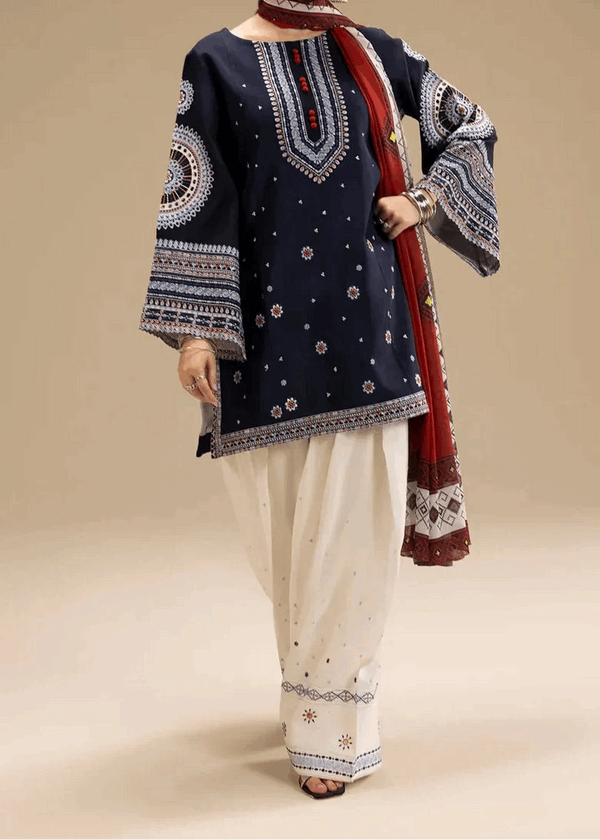 Dhanak-3PC Embroidered Shirt with Digital Printed Wool Shawl-3324