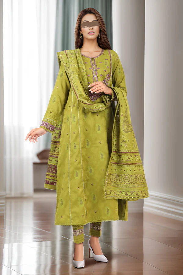 Unstitched Embroidered Jacquard Cotton 3PC - U02-24006-E32A (Olive Green)